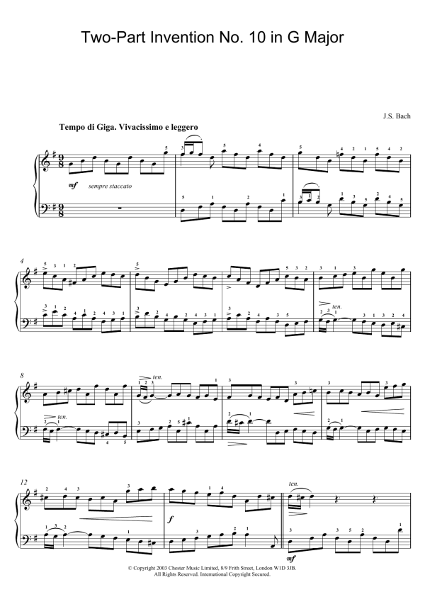 Johann Sebastian Bach Two-Part Invention No. 10 in G Major Musik Noten - Piano Solo - 25978-0