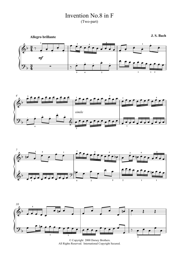 Johann Sebastian Bach Two-Part Invention No. 8 in F Major Musik Noten - Piano Solo - 15360-0