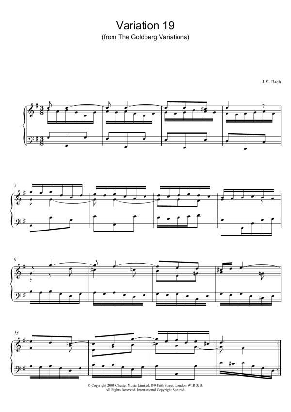 Johann Sebastian Bach Variation 19 (from The Goldberg Variations) Musik Noten - Piano Solo - 25989-0