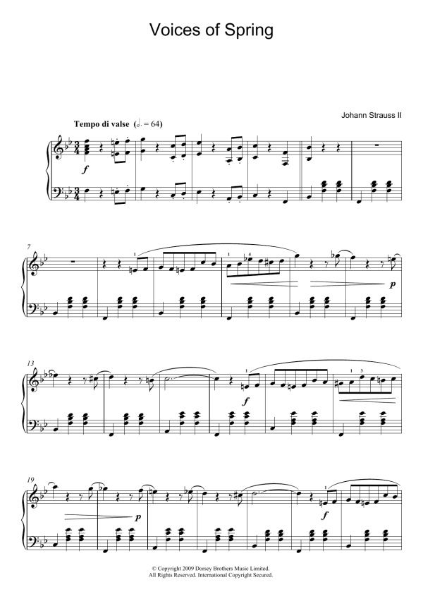 Johann Strauss II Waltz: Voices Of Spring Musik Noten - Piano Solo - 100042-0