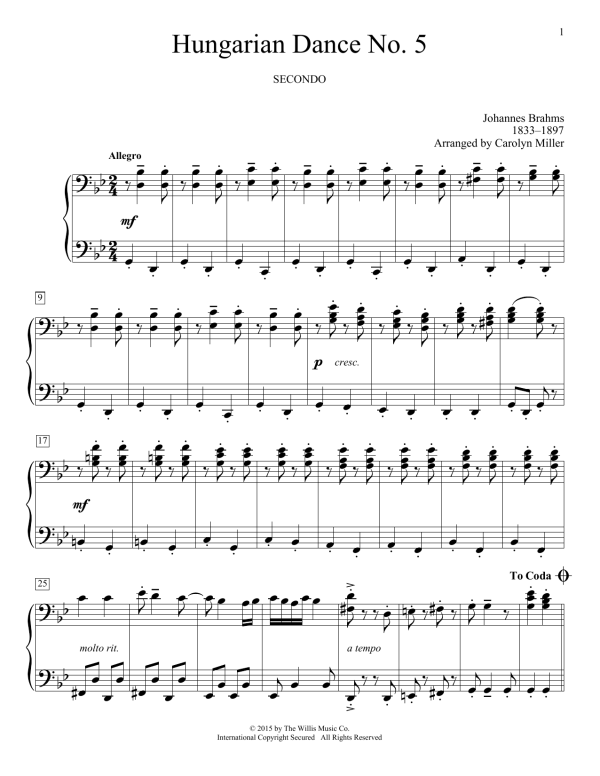 Johannes Brahms Hungarian Dance No. 5 (arr. Carolyn Miller) Musik Noten - Piano Duet - 162246-0