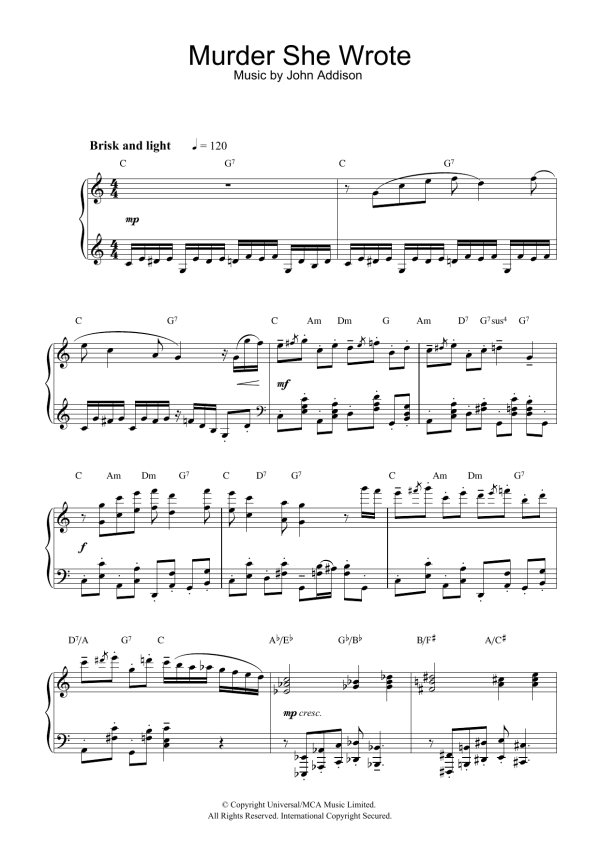 John Addison Murder She Wrote Musik Noten - Piano Solo - 32339-0