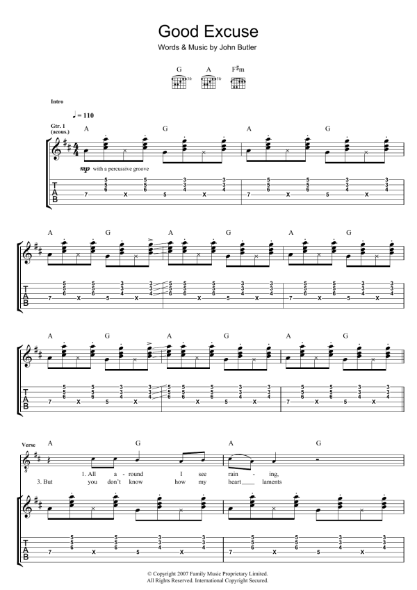 John Butler Good Excuse Musik Noten - Guitar Tab - 39585-0