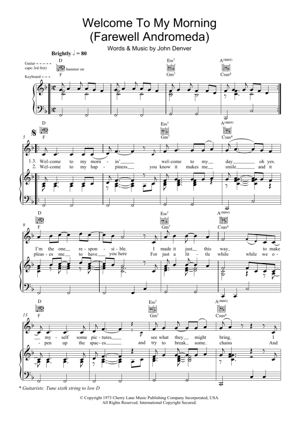 John Denver Welcome To My Morning (Farewell Andromeda) Musik Noten - Piano, Vocal & Guitar Chords - 102680-0