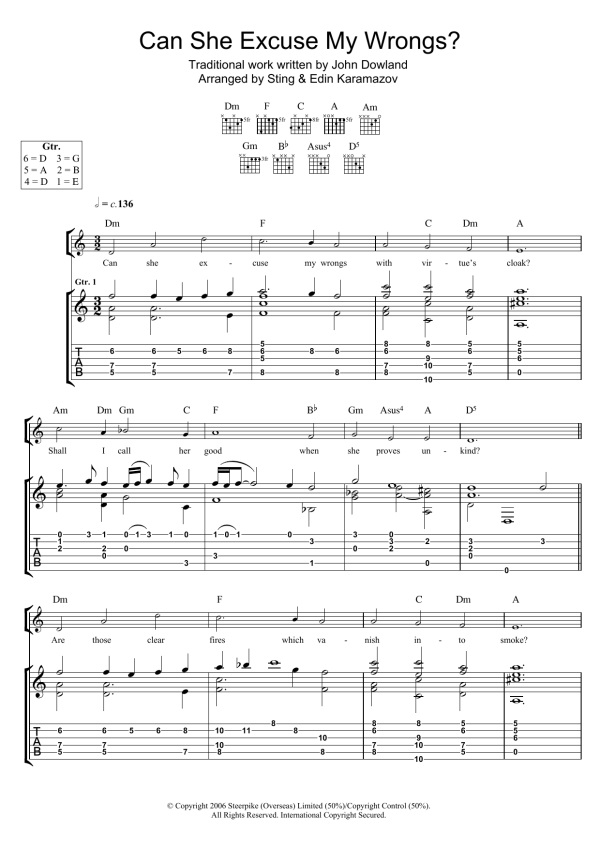 John Dowland Can She Excuse My Wrongs? (as performed by Sting and Edin Karamazov) Musik Noten - Guitar Tab - 103818-0