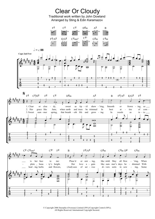 John Dowland Clear Or Cloudy (as performed by Sting and Edin Karamazov) Musik Noten - Guitar Tab - 103819-0