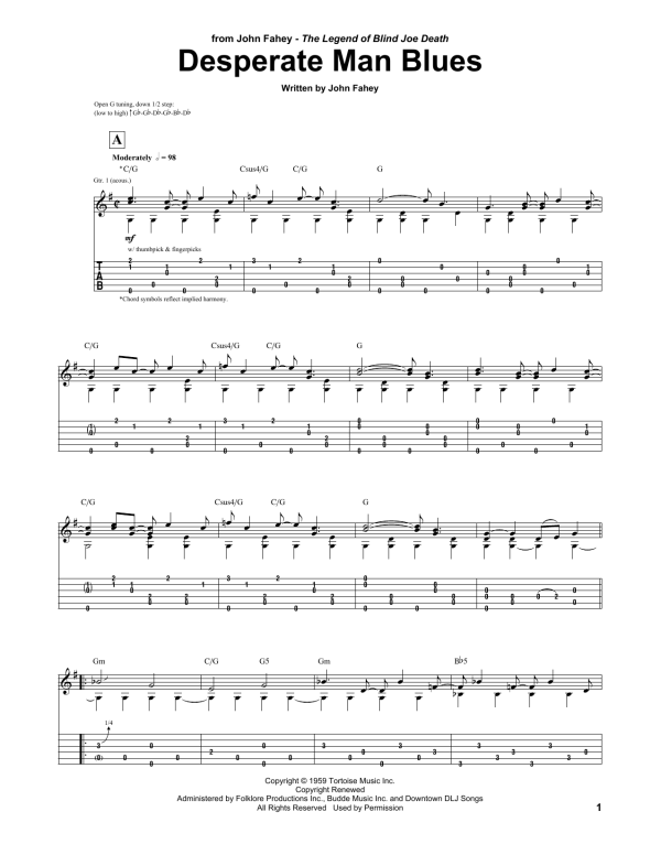 John Fahey Desperate Man Blues Musik Noten - Guitar Cheat Sheet - 163483-0