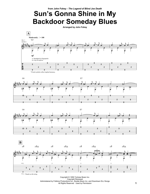 John Fahey Sun's Gonna Shine In My Backdoor Someday Blues Musik Noten - Guitar Tab - 165281-0