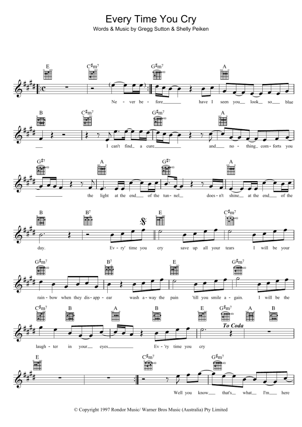 John Farnham Every Time You Cry Musik Noten - Lead Sheet / Fake Book - 39325-0