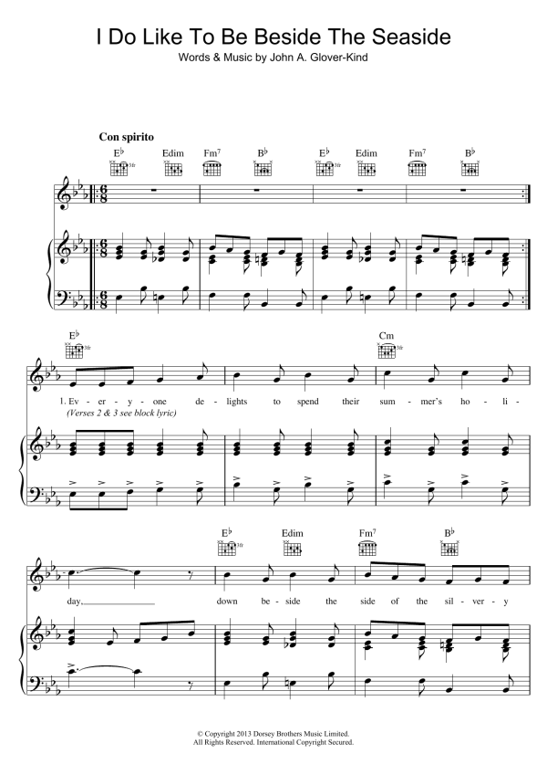 John Glover-Kind I Do Like To Be Beside The Seaside Musik Noten - Piano, Vocal & Guitar Chords - 18952-0