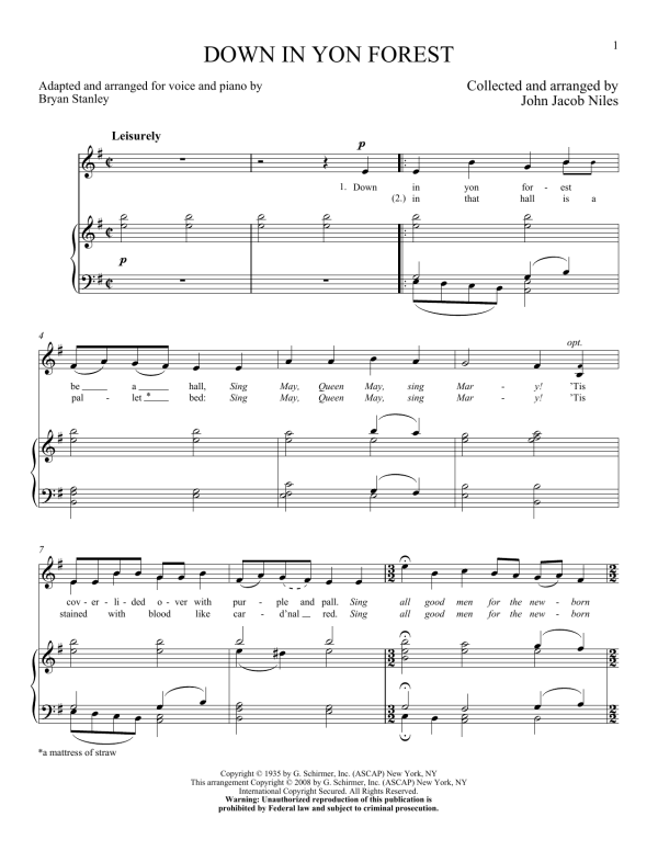 John Jacob Niles Down In Yon Forest Musik Noten - Piano & Vocal - 157606-0