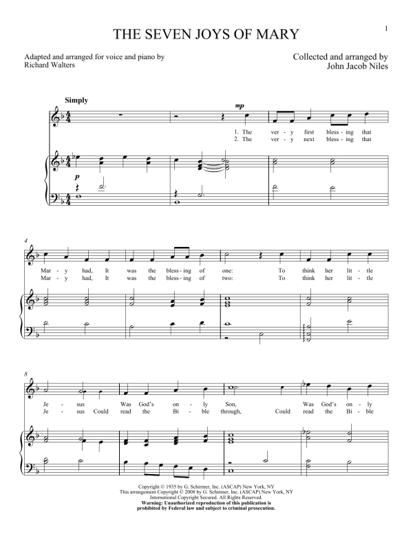 John Jacob Niles The Seven Joys Of Mary Musik Noten - Piano & Vocal - 157625-0