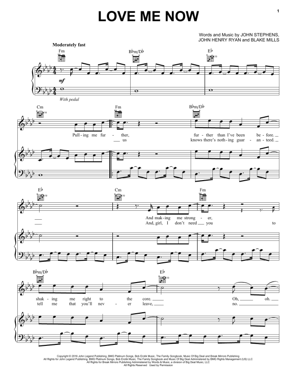 John Legend Love Me Now Musik Noten - Piano, Vocal & Guitar Chords - 175373-0