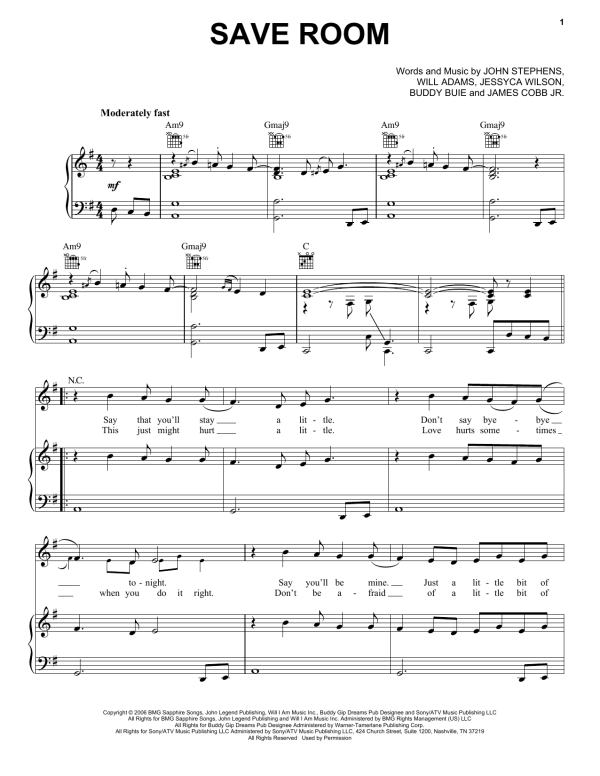 John Legend Save Room Musik Noten - Piano, Vocal & Guitar Chords - 56036-0