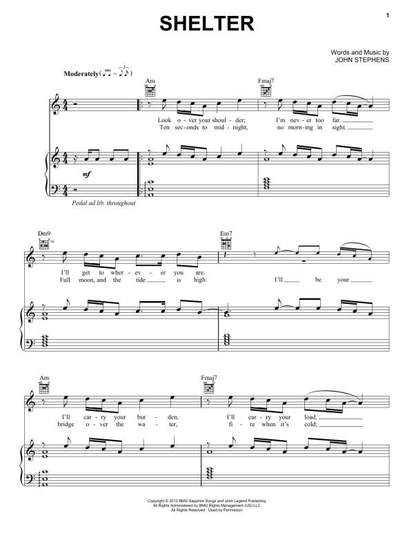 John Legend Shelter Musik Noten - Piano, Vocal & Guitar Chords - 164009-0