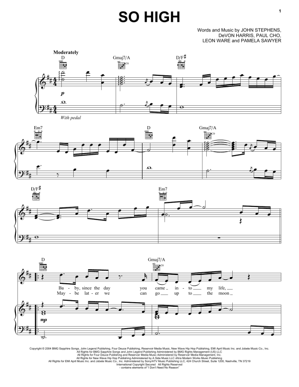 John Legend So High Musik Noten - Piano, Vocal & Guitar Chords - 51058-0