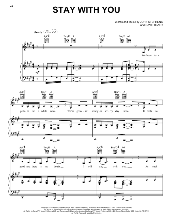 John Legend Stay With You Musik Noten - Piano, Vocal & Guitar Chords - 51063-0
