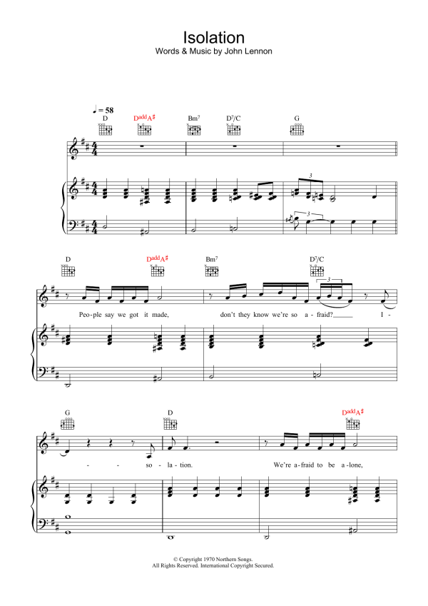 John Lennon Isolation Musik Noten - Piano, Vocal & Guitar Chords - 34126-0