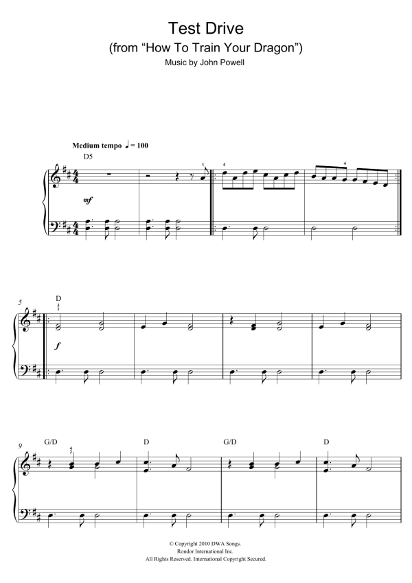 John Powell Test Drive (from How to Train Your Dragon) Musik Noten - Piano Solo - 157386-0