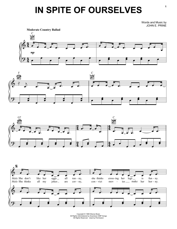 John Prine In Spite Of Ourselves Musik Noten - Piano, Vocal & Guitar Chords - 173295-0
