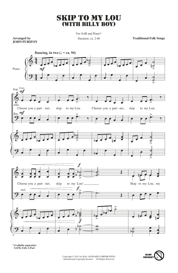 John Purifoy Skip To My Lou (with Billy Boy) Musik Noten - SAB Choir - 158223-0