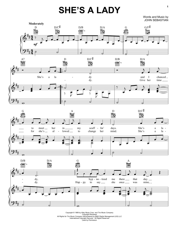 John Sebastian She's A Lady Musik Noten - Piano, Vocal & Guitar Chords - 157419-0