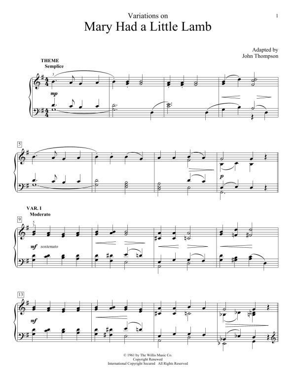 John Thompson Variations On Mary Had A Little Lamb Musik Noten - Educational Piano - 160639-0