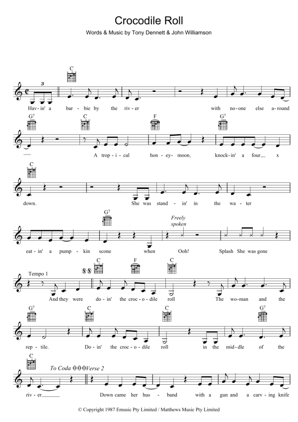 John Williamson Crocodile Roll Musik Noten - Lead Sheet / Fake Book - 39202-0