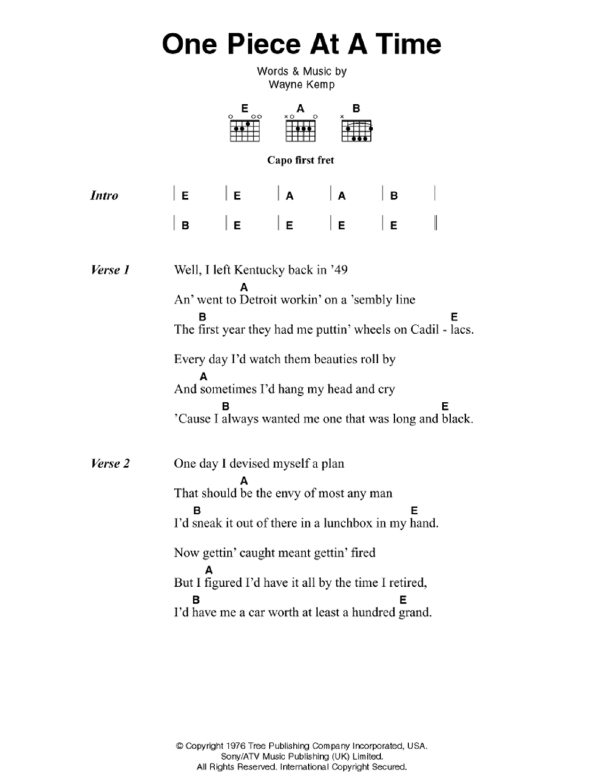 Johnny Cash One Piece At A Time Musik Noten - Guitar Chords/Lyrics - 46367-0