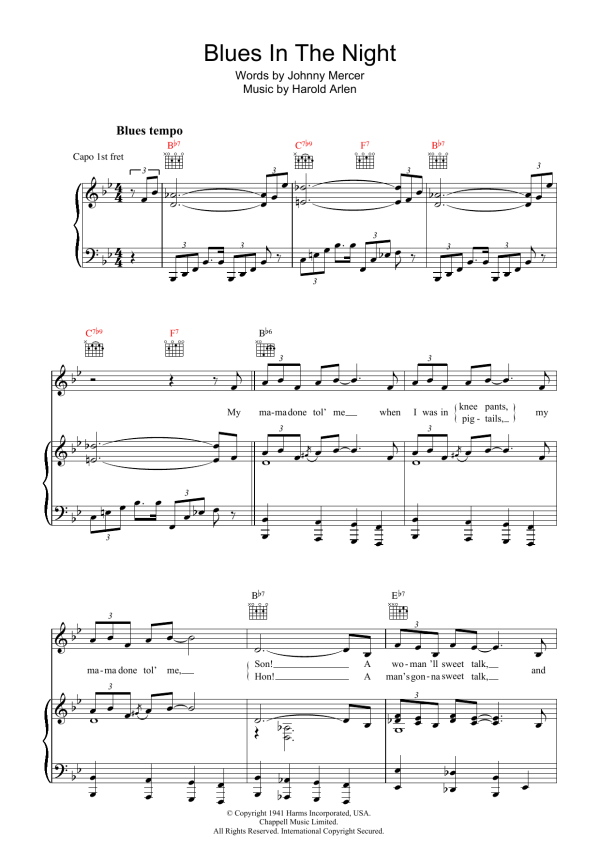 Johnny Mercer Blues In The Night (My Mama Done Tol' Me) Musik Noten - Piano, Vocal & Guitar Chords - 39950-0