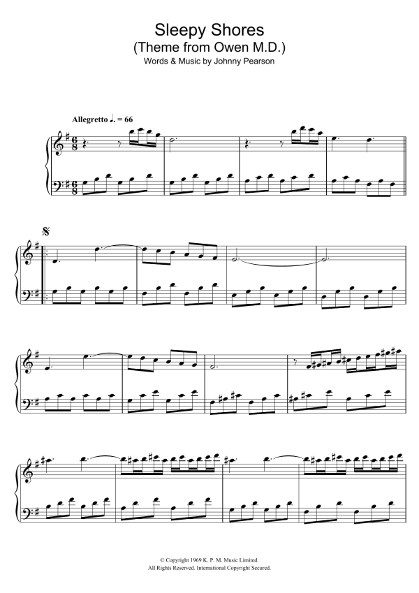 Johnny Pearson Sleepy Shores (theme from Owen M.D.) Musik Noten - Piano Solo - 111300-0