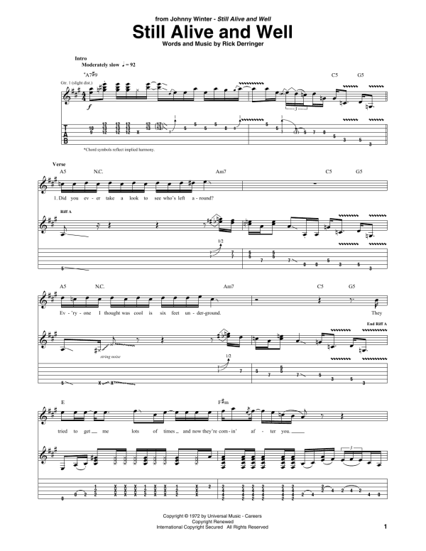 Johnny Winter Still Alive And Well Musik Noten - Guitar Tab - 73065-0