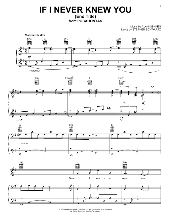 Jon Secada If I Never Knew You (End Title) (from Pocahontas) Musik Noten - Piano, Vocal & Guitar Chords - 16477-0
