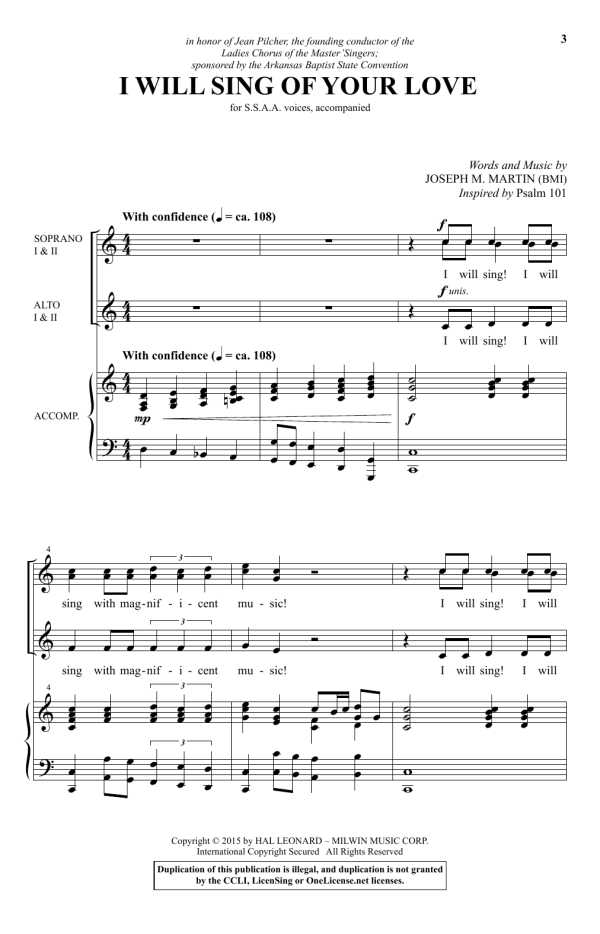 Joseph M. Martin I Will Sing Of Your Love Musik Noten - SSA Choir - 159188-0