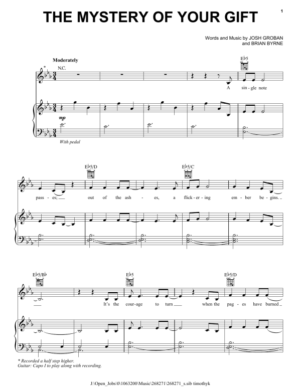 Josh Groban The Mystery Of Your Gift Musik Noten - Piano, Vocal & Guitar Chords - 167854-0