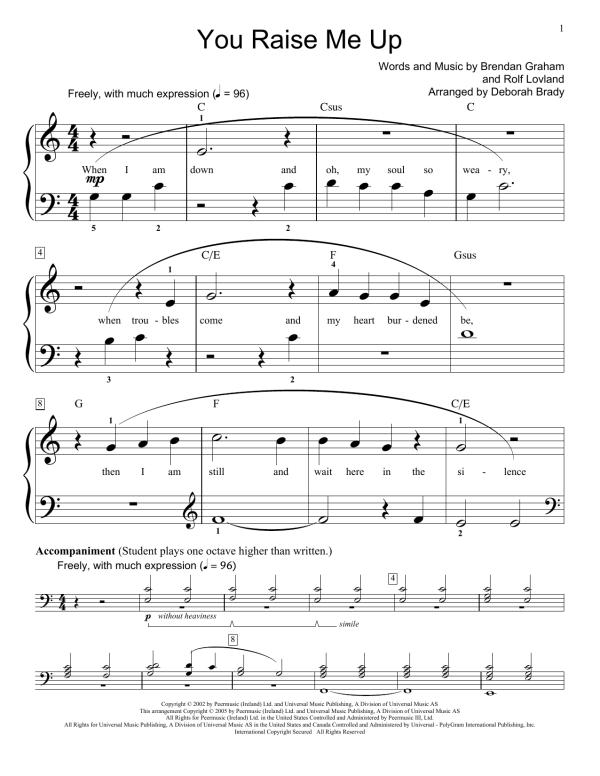 Josh Groban You Raise Me Up (arr. Deborah Brady) Musik Noten - Educational Piano - 52079-0