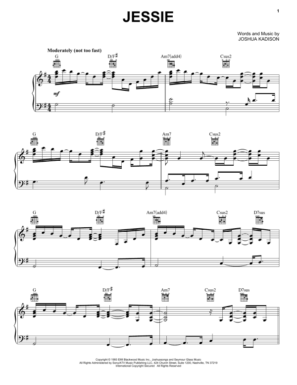Joshua Kadison Jessie Musik Noten - Piano, Vocal & Guitar Chords - 18270-0
