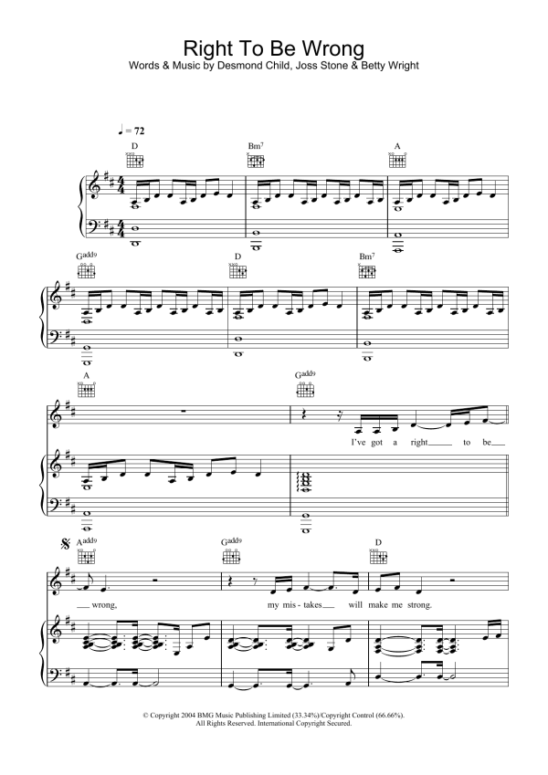 Joss Stone Right To Be Wrong Musik Noten - Piano, Vocal & Guitar Chords - 30141-0