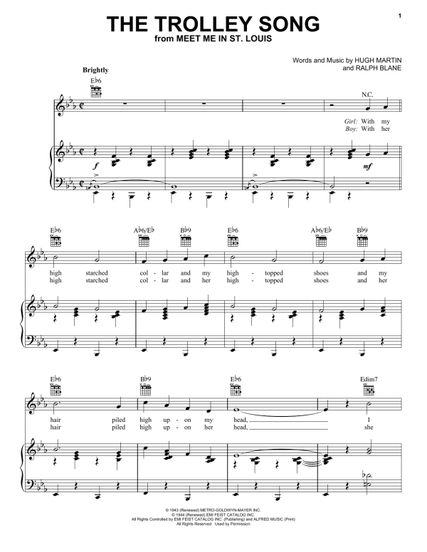 Judy Garland The Trolley Song Musik Noten - Piano, Vocal & Guitar Chords - 24165-0
