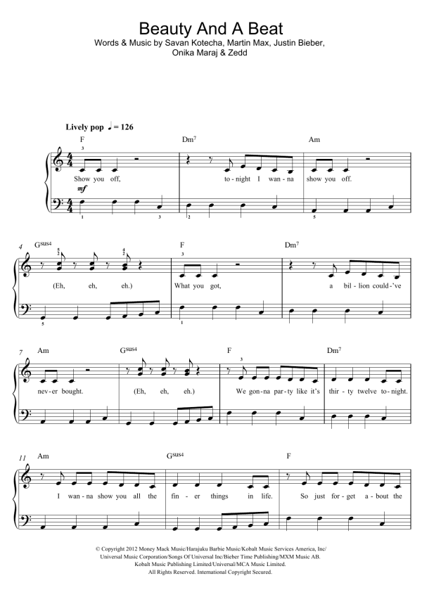 Justin Bieber Beauty And A Beat (featuring Nicki Minaj) Musik Noten - Beginner Piano - 123721-0