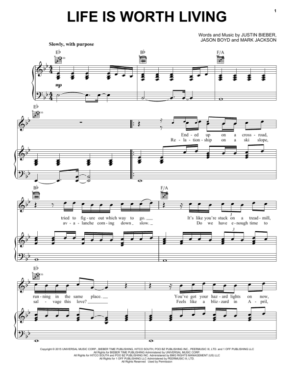 Justin Bieber Life Is Worth Living Musik Noten - Piano, Vocal & Guitar Chords - 164789-0
