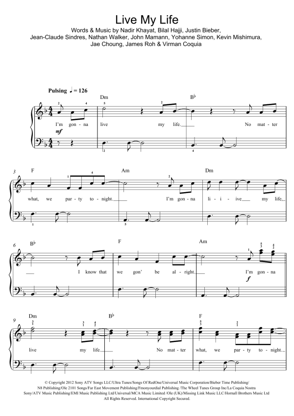 Justin Bieber Live My Life Musik Noten - Beginner Piano - 123713-0