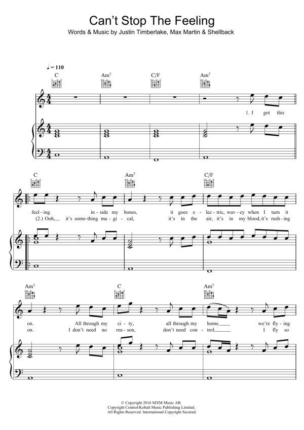 Justin Timberlake Can't Stop The Feeling Musik Noten - Bass Guitar Tab - 172153-0