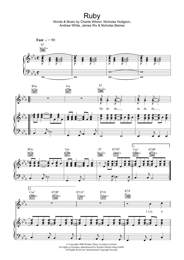 Kaiser Chiefs Ruby Musik Noten - Piano, Vocal & Guitar Chords - 38001-0