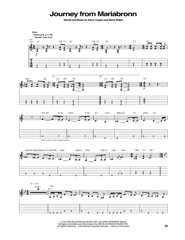 Kansas Journey From Mariabronn Musik Noten - Guitar Tab - 165501-0