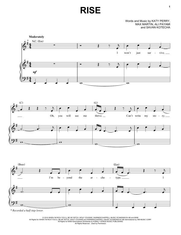 Katy Perry Rise Musik Noten - Piano, Vocal & Guitar Chords - 172924-0