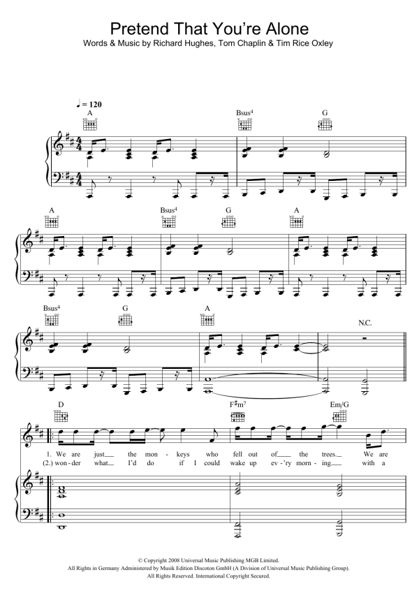 Keane Pretend That You're Alone Musik Noten - Piano, Vocal & Guitar Chords - 43429-0