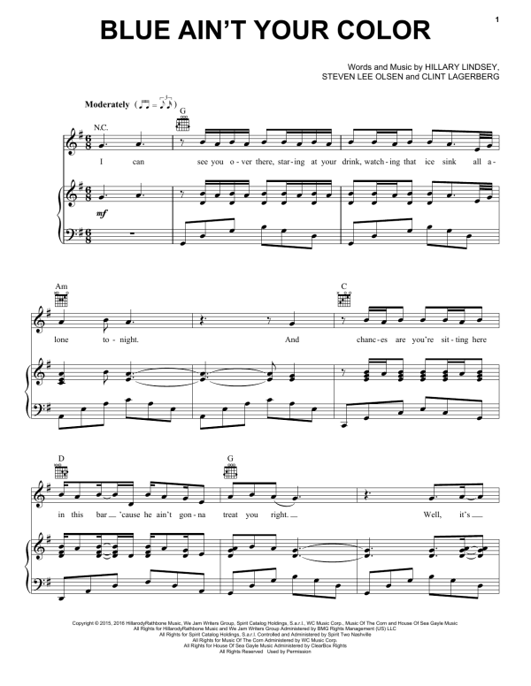 Keith Urban Blue Ain't Your Color Musik Noten - Piano, Vocal & Guitar Chords - 176359-0