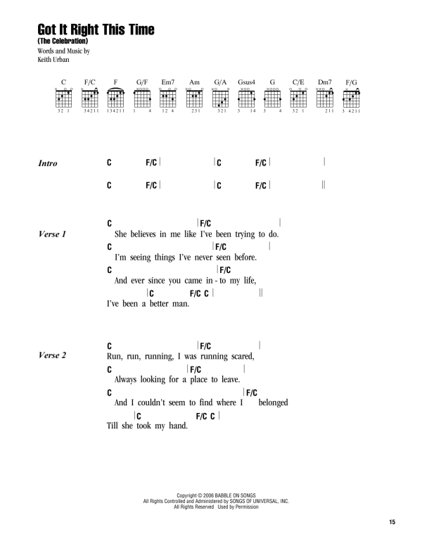 Keith Urban Got It Right This Time (The Celebration) Musik Noten - Guitar Chords/Lyrics - 163263-0