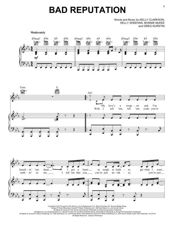 Kelly Clarkson Bad Reputation Musik Noten - Piano, Vocal & Guitar Chords - 160106-0